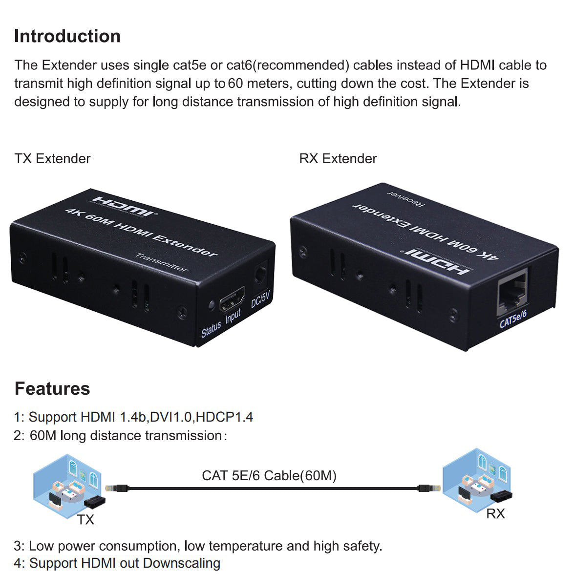 ArgoX 4K 60m / 100m / 120m HDMI Extender Transmitter Receiver with 3Gbps Data Rate, CAT5e/6, RJ45 Ethernet LAN Network Cable, Supports HDMI Out Downscaling | HDES60 HDES100 HDES120
