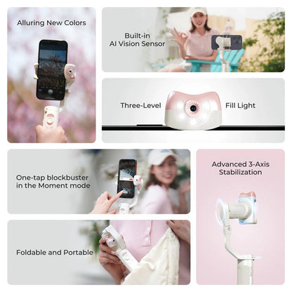 Hohem iSteady V2S Kit Foldable 3-Axis Auto Face AI Tracking Smartphone Gimbal with Tripod, USB Type C, Built-in AI Vision Sensor, LED Fill Light, Quick Roll Switch, Long Battery Life | White