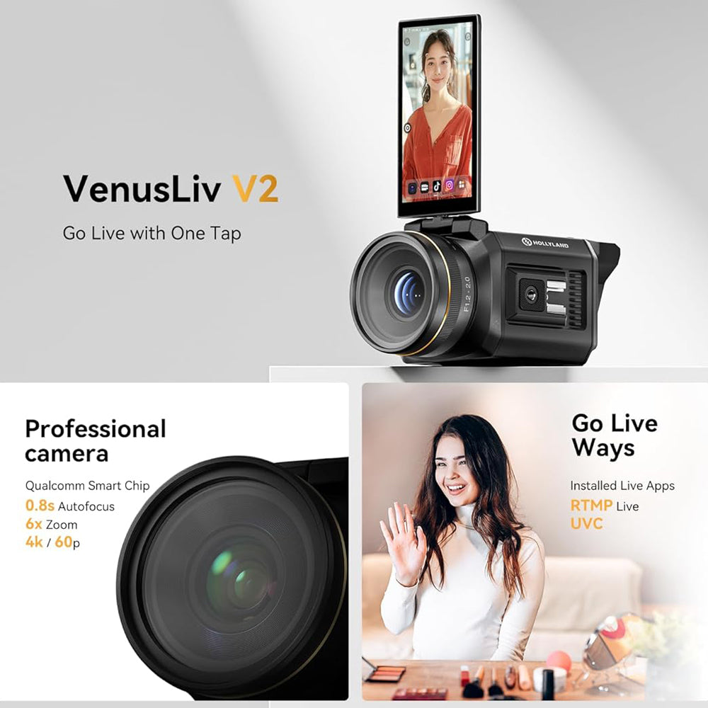 HOLLYLAND VENUSLIV V2 All in One Live Streaming Video Camera with F6.3 24-70mm 12 Megapixel 6x Zoom Lens, 4K30P UHD Video & 80 Degrees Viewing Angle, 5" Rotatable LCD Touchscreen and Holly OS 2.0 Support for Live Streaming Selling
