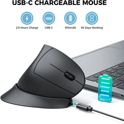 iClever Wireless Ergonomic Mouse 4 DPI 800/1200/1600/2400 (Plug & Play) with Built-In 500mAh Battery, USB 2.4G Receiver Dongle, Type C Charging Cable, Adjustable Tilt for PC, Laptop, Computer - Support Windows OS | E03-1999N-04