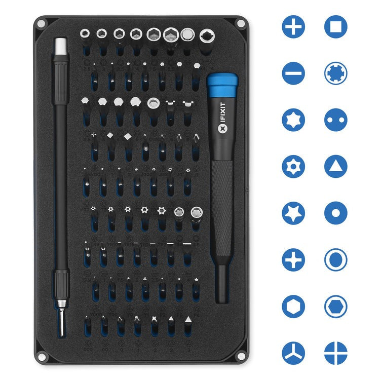 iFixit Mako Precision Driver Bit Set with 64 Screwdriver Bits, 1/4" to 4mm Driver Adapter, 150mm Flex Extension, Oval Drive, Sim Eject Bit, and Magnetized Driver Handle for Cameras, Computers, Smartphones
