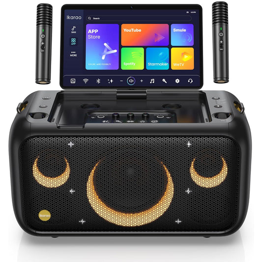Ikarao Break X1 800W Peak Power Bluetooth Speaker with 2.4GHz Wireless Dual Karaoke Microphones and 13.3" 64GB Foldable Tablet, 9 Audio Modes, Screen Mirroring, and Smart Power System for Events, Parties, Lectures and Performances