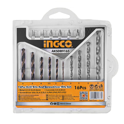 [CLEARANCE] INGCO 16pcs Drill Bits and Screwdriver Bits Set (6pcs HSS Twist Drill Bits, 4pcs Masonry Drill Bits, and 6pcs 25mm Screwdriver Bits) | AKSDB9165