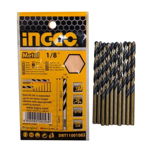 INGCO 1/8" Cobalt HSS Drill Bits (10pcs/Pack) Abrasive and Heat Resistant for Metal | DBT11001083