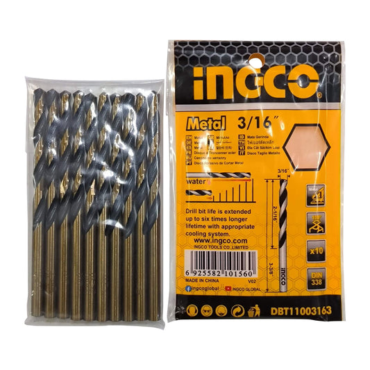INGCO 3/16" Cobalt HSS Drill Bits (10pcs/Pack) Abrasive and Heat Resistant for Metal | DBT11003163