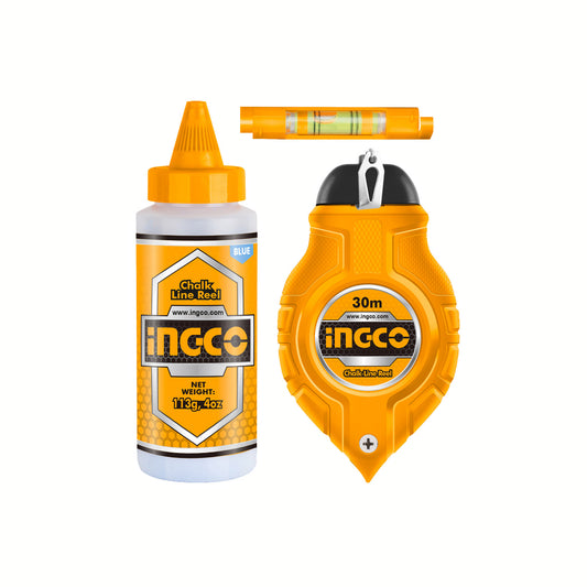 INGCO 30m Chalk Line Reel with Bottle Chalk and Spirit Bubble for Floors, Walls, Ceilings, Partitions, and Ceramics | HCLR0130
