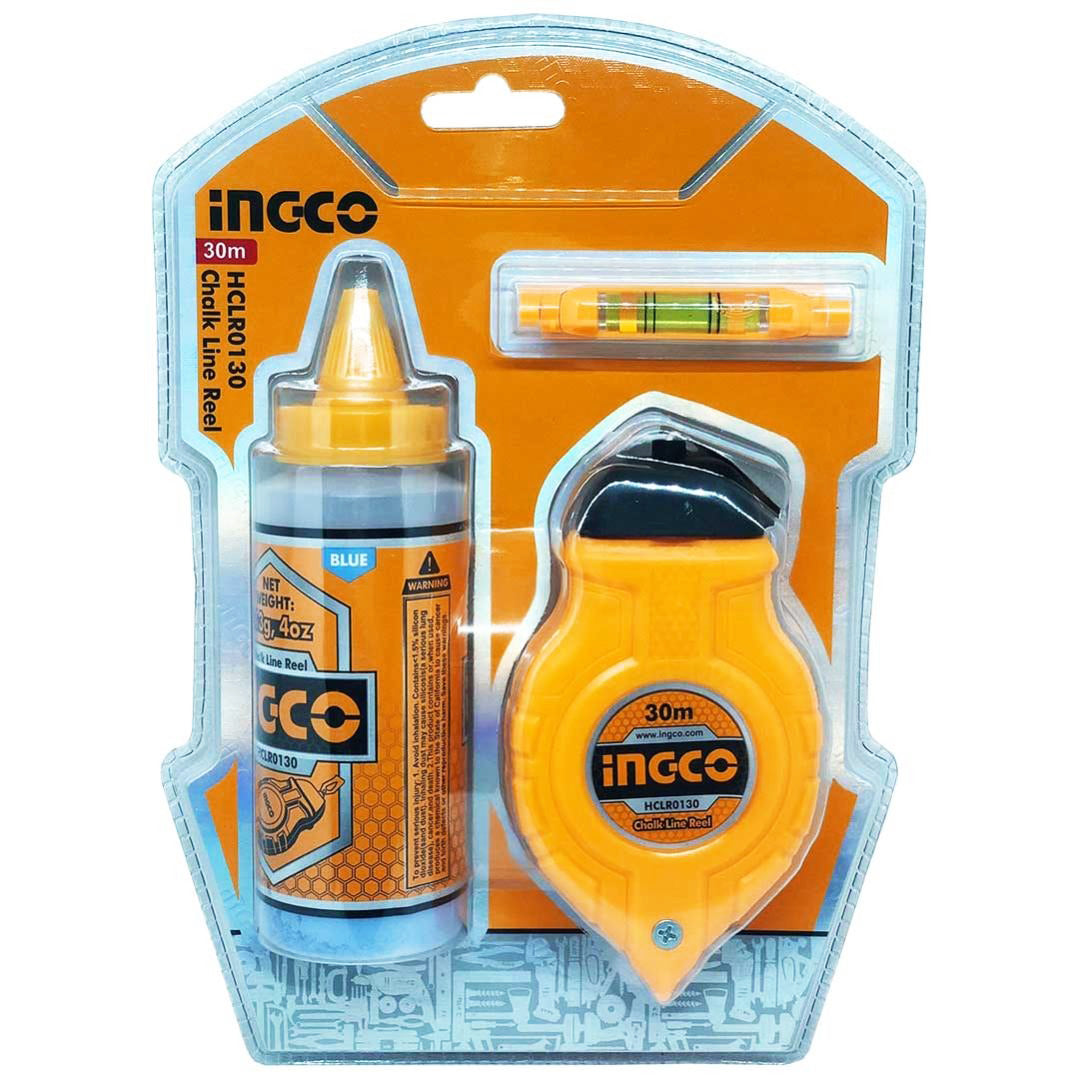 INGCO 30m Chalk Line Reel with Bottle Chalk and Spirit Bubble for Floors, Walls, Ceilings, Partitions, and Ceramics | HCLR0130