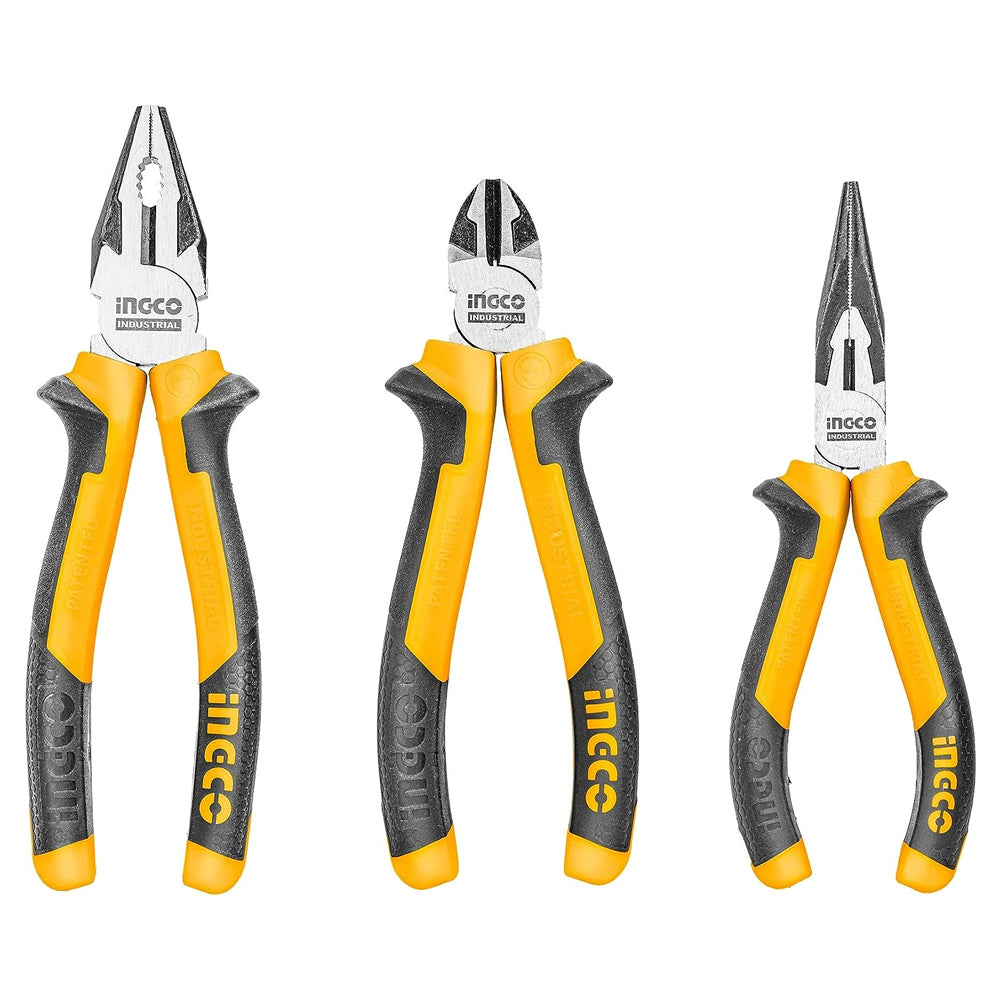 INGCO 3 Pcs Pliers Tool Set 8" Combination, 6" Long Nose, 6" Diagonal Cutting Pliers with Cr-V, TPR Two Color Handle, Black Finish, and Polish - Hand Tools | HKPS28318