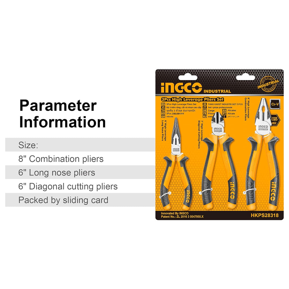 INGCO 3 Pcs Pliers Tool Set 8" Combination, 6" Long Nose, 6" Diagonal Cutting Pliers with Cr-V, TPR Two Color Handle, Black Finish, and Polish - Hand Tools | HKPS28318