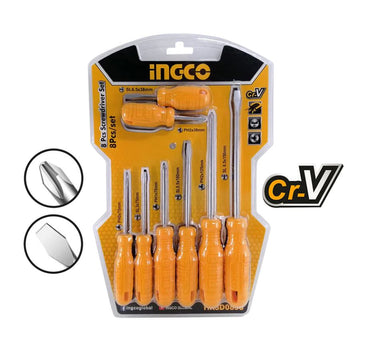 [CLEARANCE] INGCO 8pcs Screwdriver Set 4pcs Flat, 4pcs Philips Screwdriver Round Blade Cr-V Material | HKSD0858