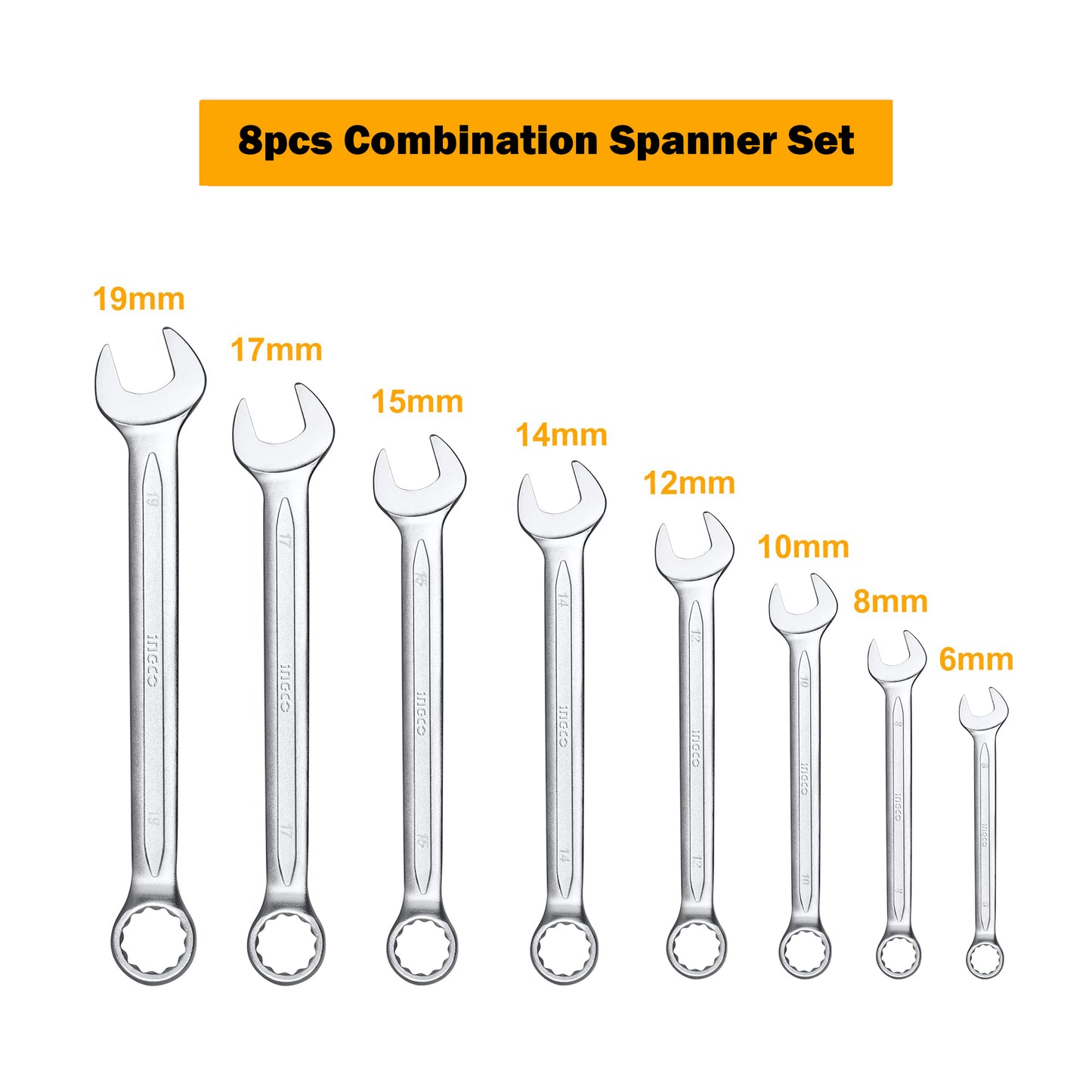 INGCO 8pcs/Set Combination Wrench Spanner Set 6-19mm Cr-V Material | HKSPA1088