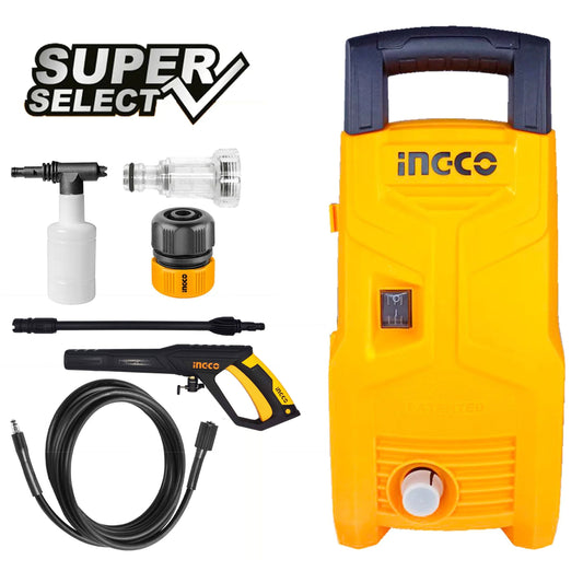 INGCO 1400W Electric High Power Pressure Washer Cleaner Carbon Brush Motor with Auto Stop System, Filter Connector, 1/2" Quick Connector, Soap Bottle, 1 Set Water Spray Gun, and 3m High-Pressure Hose | HPWR14008GP
