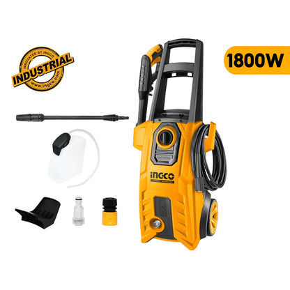 INGCO 1800W Electric High Power Pressure Washer Carbon Brush Motor with Auto Stop System, Soap Bottle, 1 Set Water Spray Gun, and 5m High-Pressure Hose for Motor Car Wash Cleaning | HPWR18008P