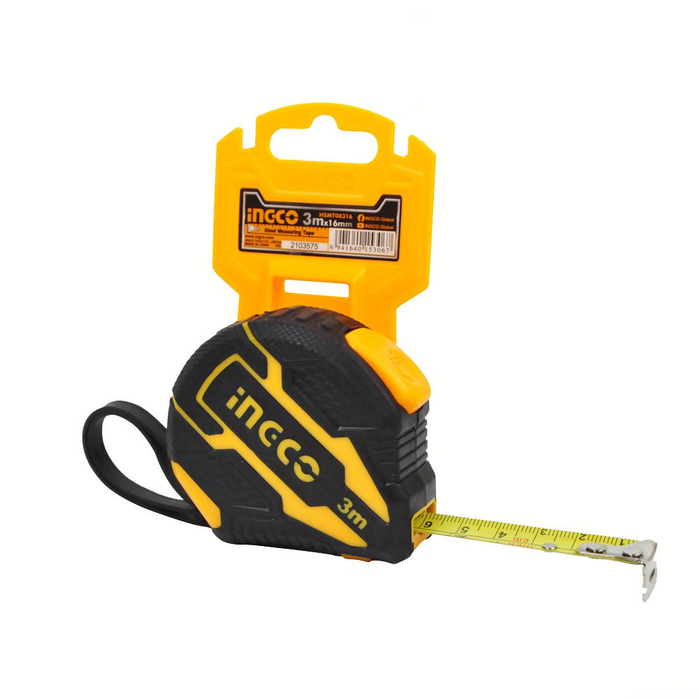 INGCO 3m Steel Measuring Tape (Metric/Inch) Continuous Marking Blade with Self-lock function and Double Button All Rubber Cover | HSMT08316