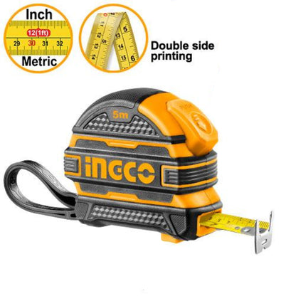 INGCO 5m Steel Measuring Tape (Metric/Inch) Continuous Marking Blade with Self-lock function and Double Button Pure ABS Cover | HSMT08519