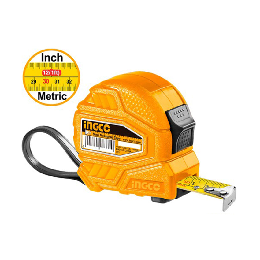 INGCO 5m Steel Measuring Tape (Metric/Inch) Continuous Marking Blade with Double Button Pure ABS Cover (Yellow) | HSMT26519