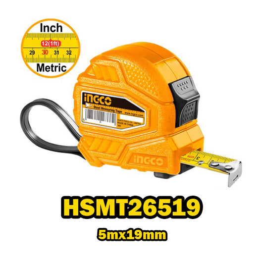 INGCO 5m Steel Measuring Tape (Metric/Inch) Continuous Marking Blade with Double Button Pure ABS Cover (Yellow) | HSMT26519