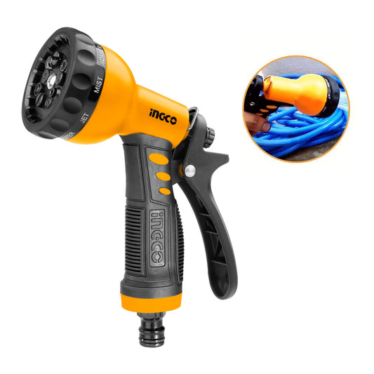 INGCO 9 Pattern Water Spray Garden Hose Gun with Plastic Trigger Nozzle, TPR Soft Grip, Nylon Lever, and 3/4 inches Tool Adapter | HWSG092
