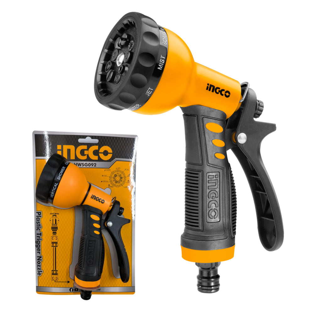 INGCO 9 Pattern Water Spray Garden Hose Gun with Plastic Trigger Nozzle, TPR Soft Grip, Nylon Lever, and 3/4 inches Tool Adapter | HWSG092