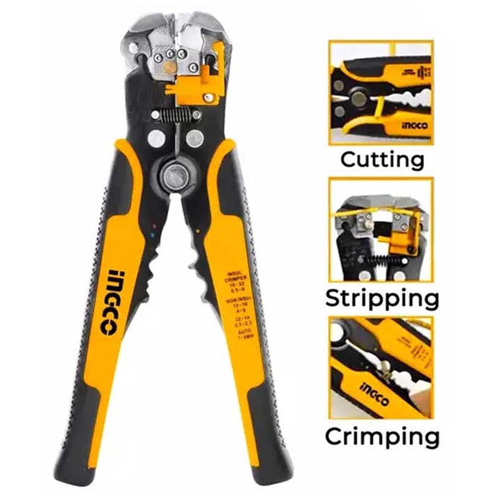 INGCO 3 in 1 Automatic Wire Stripper Cable Cutter Tool with Adjustment Screw, Multifunction Wire Stripping, Cutting, Crimping - Hand Tools | HWSP102418