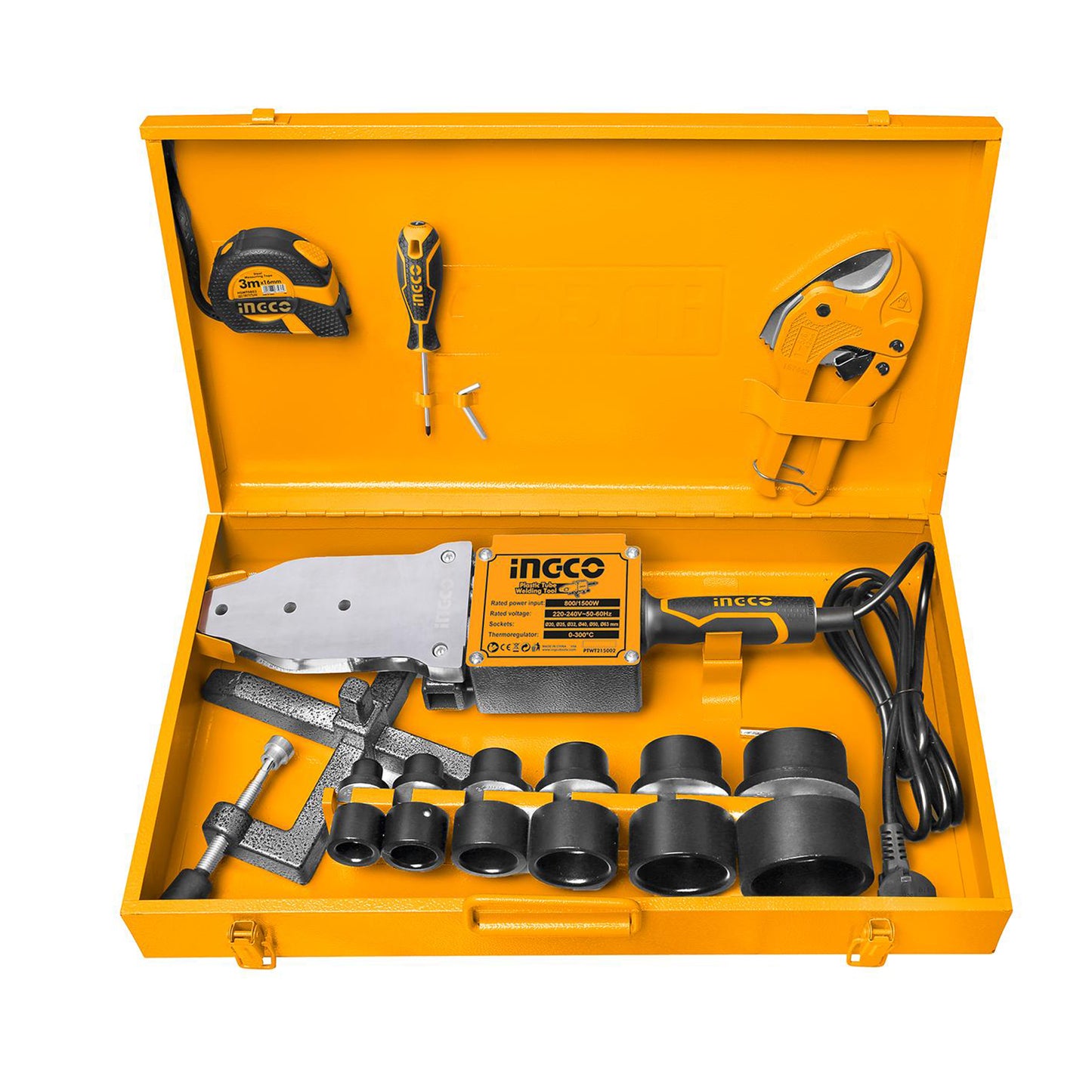 INGCO 1500W Plastic Tube Pipe Fusion Welding Tool Machine with 6pcs Heating Sockets, Measuring Tape, Hex Key, and Screwdriver | PTWT215002