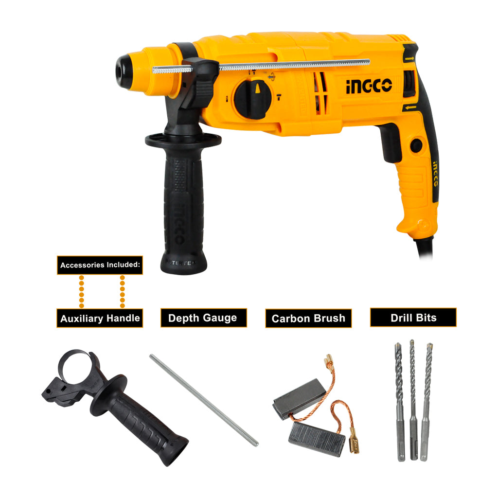 INGCO 650W Industrial Rotary Drill Hammer SDS Plus Chuck System with 3 SDS Plus Drills, 1700rpm | RGH6528