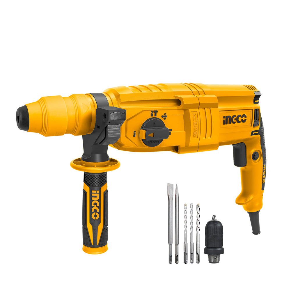 [CLEARANCE] INGCO 800W Industrial Rotary Drill Hammer SDS Plus Chuck System with 1100rpm, Quick Change Chuck, 3 Drills, and 2 Chisels | RGH9028-2