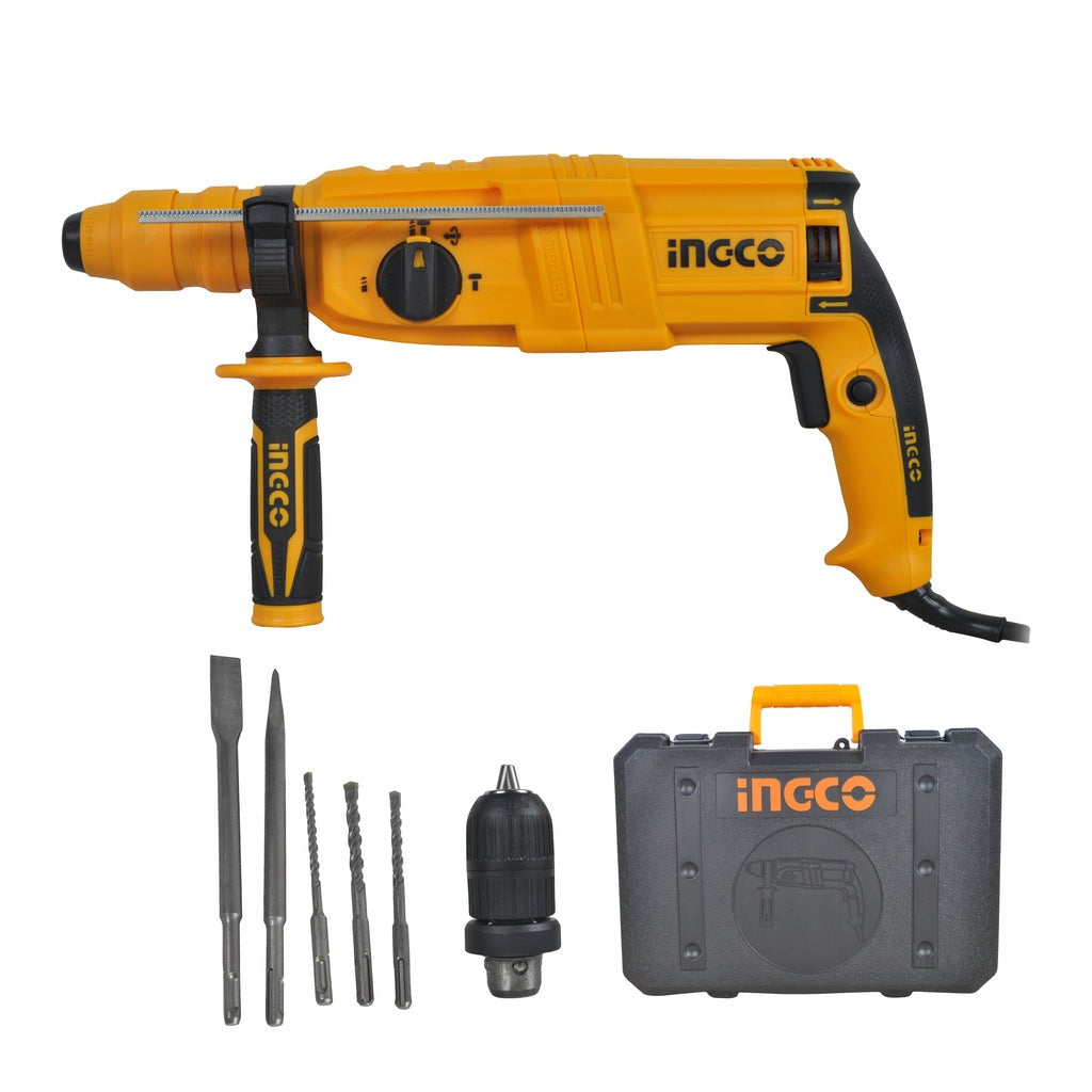 INGCO 800W Industrial Rotary Drill Hammer SDS Plus Chuck System with 1100rpm, Quick Change Chuck, 3 Drills, and 2 Chisels | RGH9028-2