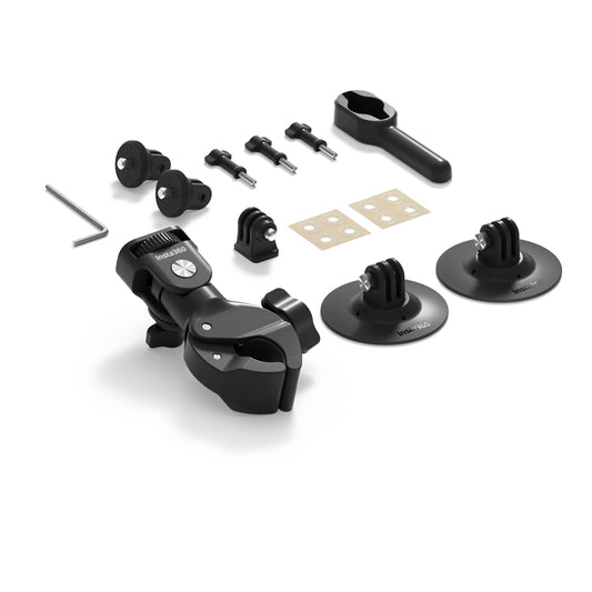 Insta360 Motorcycle Bundle with Action Camera Handlebar Clamp and Helmet Adhesive Mount for X4 / X3 / X2, ONE RS Twin / 4K / 1-Inch, ONE R, GO 3 / GO 2, and Other Models