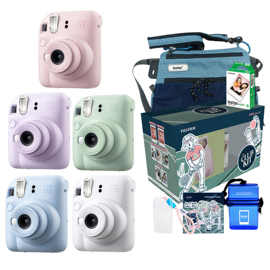 FUJIFILM Instax Mini 12 Instant Camera Club Kit Bundle Pack with Mini Glossy Film 10s, Sling Bag, Waterproof Case, Keychain Photo Holder and Sticker Pack | Blue Green Pink Purple White
