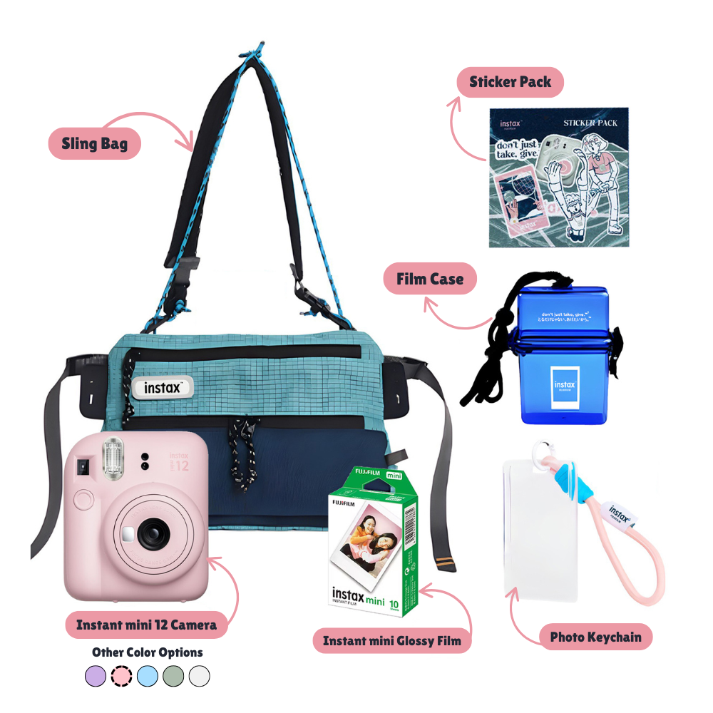 FUJIFILM Instax Mini 12 Instant Camera Club Kit Bundle Pack with Mini Glossy Film 10s, Sling Bag, Waterproof Case, Keychain Photo Holder and Sticker Pack | Blue Green Pink Purple White