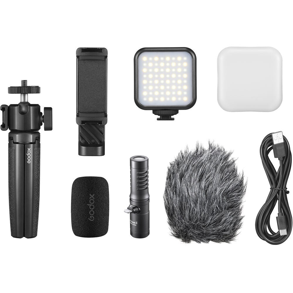 Godox VK2-LT Vlog Kit with Microphone (Lightning Connector), Bi-Color LED Light, Max 3.5" Smartphone Clamp, 3 Section Tripod, Foam/Furry Windscreen and Light Diffuser for Vlogging, Livestream Recording
