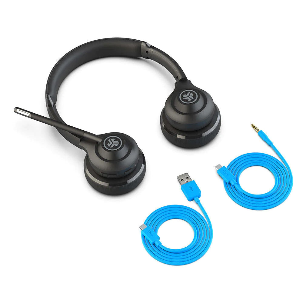 JLab Go Work Wireless & Wire On-Ear Headset, Bluetooth 5.0 with Type C Charging Cable, Type C to 3.5mm AUX Cable, Dual Connectivity, and Quick Mute Indicator for Laptop, Computer, Mobile