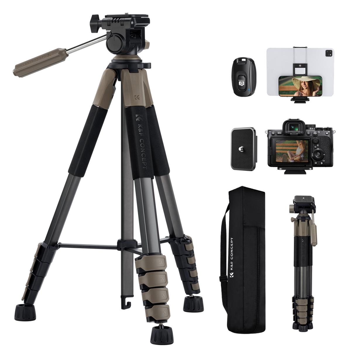 K&F Concept 173cm 3-Way Pan/Tilt Head Aluminum Tripod with 2-in-1 Tablet + Smartphone Holder & Bluetooth Remote, 360° Ball Head, Pentagol Tube Design for Cameras, Studio Lighting, Photography, Vlogging & Live Streaming