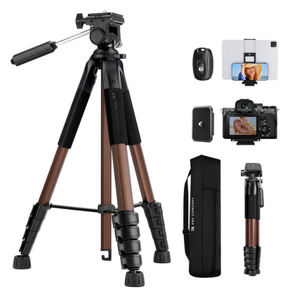 K&F Concept 173cm 3-Way Pan/Tilt Head Aluminum Tripod with 2-in-1 Tablet + Smartphone Holder & Bluetooth Remote, 360° Ball Head, Pentagol Tube Design for Cameras, Studio Lighting, Photography, Vlogging & Live Streaming