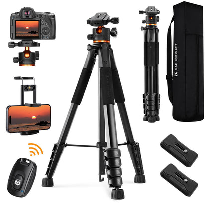 K&F Concept 173cm 3-Way Pan/Tilt Head Aluminum Tripod with 2-in-1 Tablet + Smartphone Holder & Bluetooth Remote, 360° Ball Head, Pentagol Tube Design for Cameras, Studio Lighting, Photography, Vlogging & Live Streaming