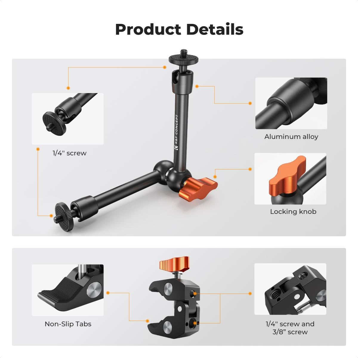 K&F Concept 60mm Super C-Clamp & 11" / 9.8" / 6" Magic Arm Mount with 360° Ball Head, 2kg Maximum Load Capacity, 1/4" & 3/8" Screw for Smartphone Clip, Fill Light, Compact, DSLR, SLR, Mirrorless, Panoramic, Action Cameras