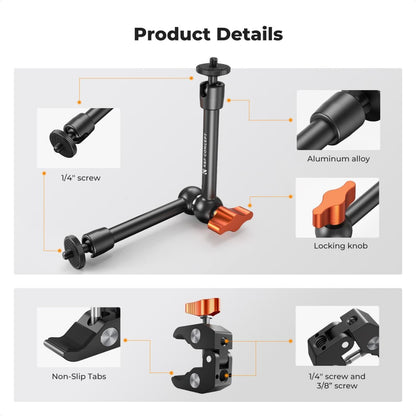K&F Concept 60mm Super C-Clamp & 11" / 9.8" / 6" Magic Arm Mount with 360° Ball Head, 2kg Maximum Load Capacity, 1/4" & 3/8" Screw for Smartphone Clip, Fill Light, Compact, DSLR, SLR, Mirrorless, Panoramic, Action Cameras