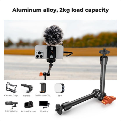 K&F Concept 60mm Super C-Clamp & 11" / 9.8" / 6" Magic Arm Mount with 360° Ball Head, 2kg Maximum Load Capacity, 1/4" & 3/8" Screw for Smartphone Clip, Fill Light, Compact, DSLR, SLR, Mirrorless, Panoramic, Action Cameras