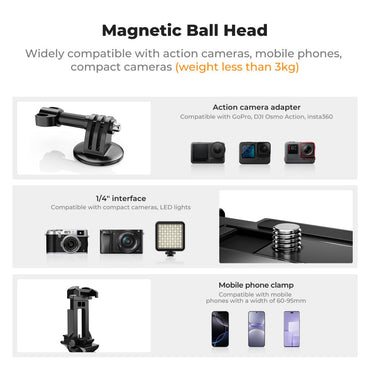 K&F Concept MS-08 Magnetic Ball Head Mount for DJI Insta360 GoPro Action Cameras & Smartphones, 360° Adjustable Angle with 3kgs Max Load Capacity and ABS Silicone Base | KF31-156