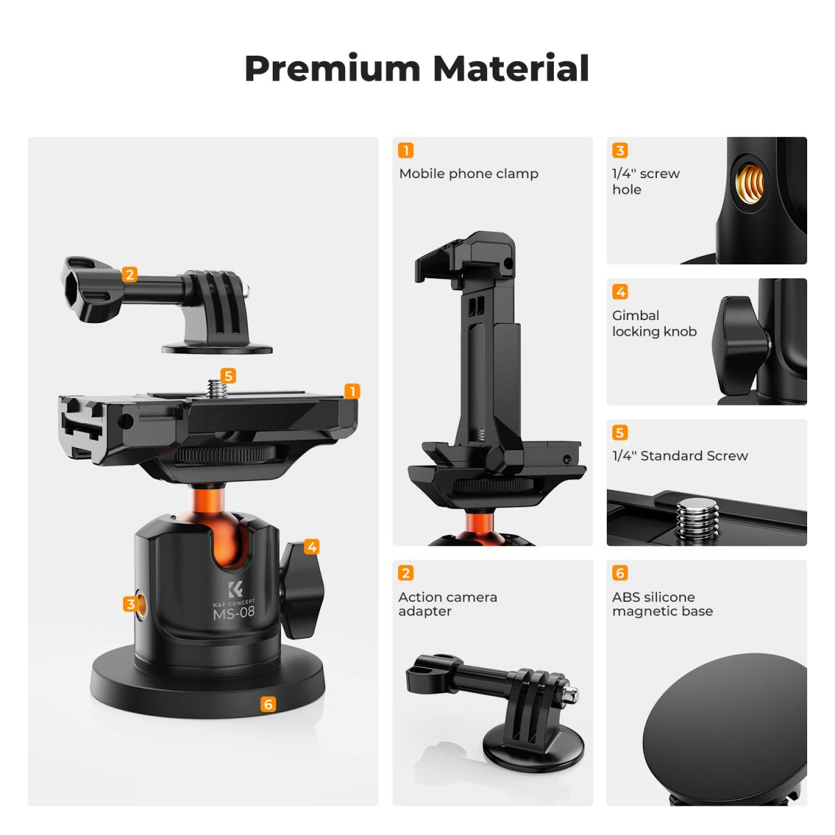 K&F Concept MS-08 Magnetic Ball Head Mount for DJI Insta360 GoPro Action Cameras & Smartphones, 360° Adjustable Angle with 3kgs Max Load Capacity and ABS Silicone Base | KF31-156