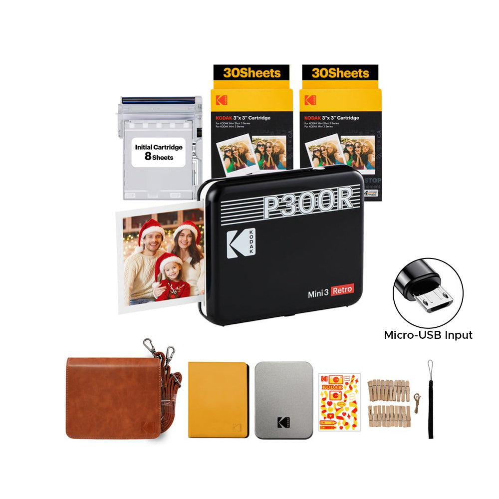 KODAK Mini 3 RETRO Portable Bluetooth NFC Wireless 620mAh Photo Printer Bundle Kit with 68 Film Sheets and Accessories, 3" x 3" Prints, 4PASS Print Technology, Bordered / Borderless Printing and Mobile Smartphone App Support (P300R) | Yellow, Black, White
