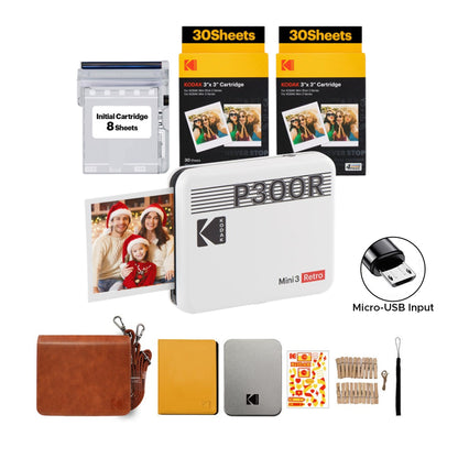 KODAK Mini 3 RETRO Portable Bluetooth NFC Wireless 620mAh Photo Printer Bundle Kit with 68 Film Sheets and Accessories, 3" x 3" Prints, 4PASS Print Technology, Bordered / Borderless Printing and Mobile Smartphone App Support (P300R) | Yellow, Black, White