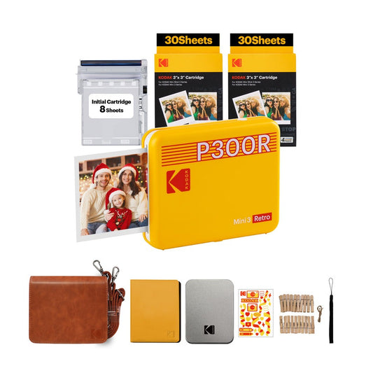 KODAK Mini 3 RETRO Portable Bluetooth NFC Wireless 620mAh Photo Printer Bundle Kit with 68 Film Sheets and Accessories, 3" x 3" Prints, 4PASS Print Technology, Bordered / Borderless Printing and Mobile Smartphone App Support (P300R) | Yellow, Black, White