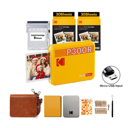 KODAK Mini 3 RETRO Portable Bluetooth NFC Wireless 620mAh Photo Printer Bundle Kit with 68 Film Sheets and Accessories, 3" x 3" Prints, 4PASS Print Technology, Bordered / Borderless Printing and Mobile Smartphone App Support (P300R) | Yellow, Black, White