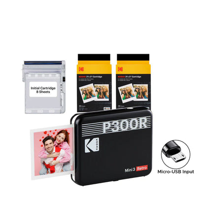 KODAK Mini 3 RETRO Portable Bluetooth NFC Wireless 620mAh Photo Printer Bundle Kit with 68 Film Sheets and Accessories, 3" x 3" Prints, 4PASS Print Technology, Bordered / Borderless Printing and Mobile Smartphone App Support (P300R) | Yellow, Black, White