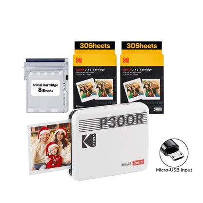 KODAK Mini 3 RETRO Portable Bluetooth NFC Wireless 620mAh Photo Printer Bundle Kit with 68 Film Sheets and Accessories, 3" x 3" Prints, 4PASS Print Technology, Bordered / Borderless Printing and Mobile Smartphone App Support (P300R) | Yellow, Black, White