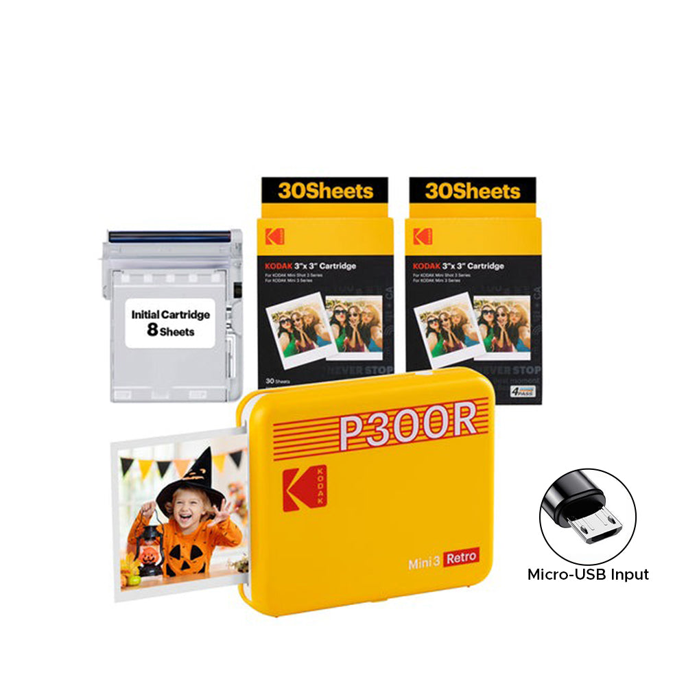 KODAK Mini 3 RETRO Portable Bluetooth NFC Wireless 620mAh Photo Printer Bundle Kit with 68 Film Sheets and Accessories, 3" x 3" Prints, 4PASS Print Technology, Bordered / Borderless Printing and Mobile Smartphone App Support (P300R) | Yellow, Black, White