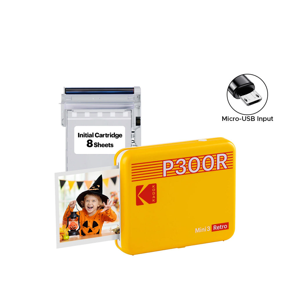 KODAK Mini 3 RETRO Portable Bluetooth NFC Wireless 620mAh Photo Printer Bundle Kit with 68 Film Sheets and Accessories, 3" x 3" Prints, 4PASS Print Technology, Bordered / Borderless Printing and Mobile Smartphone App Support (P300R) | Yellow, Black, White