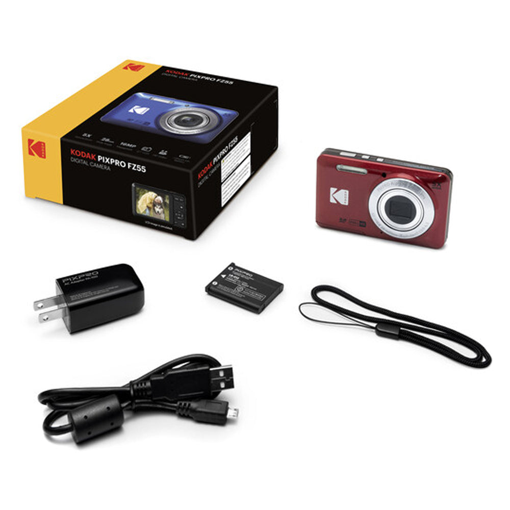 KODAK FZ55 Friendly Zoom PIXPRO Compact Digital Camera with 5x Optical Zoom, 16MP CMOS Sensor, Full-HD Video, 28mm Wide Angle Lens, 2.7" LCD Display, Rechargeable Li-Ion Battery (Black, Red, Blue)